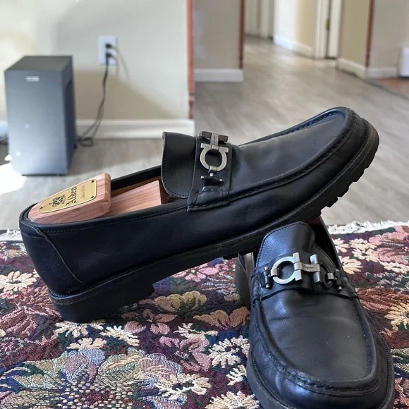 Salvatore Ferragamo Master Gancini Black Leather Men’s Loafers Shoe Size…